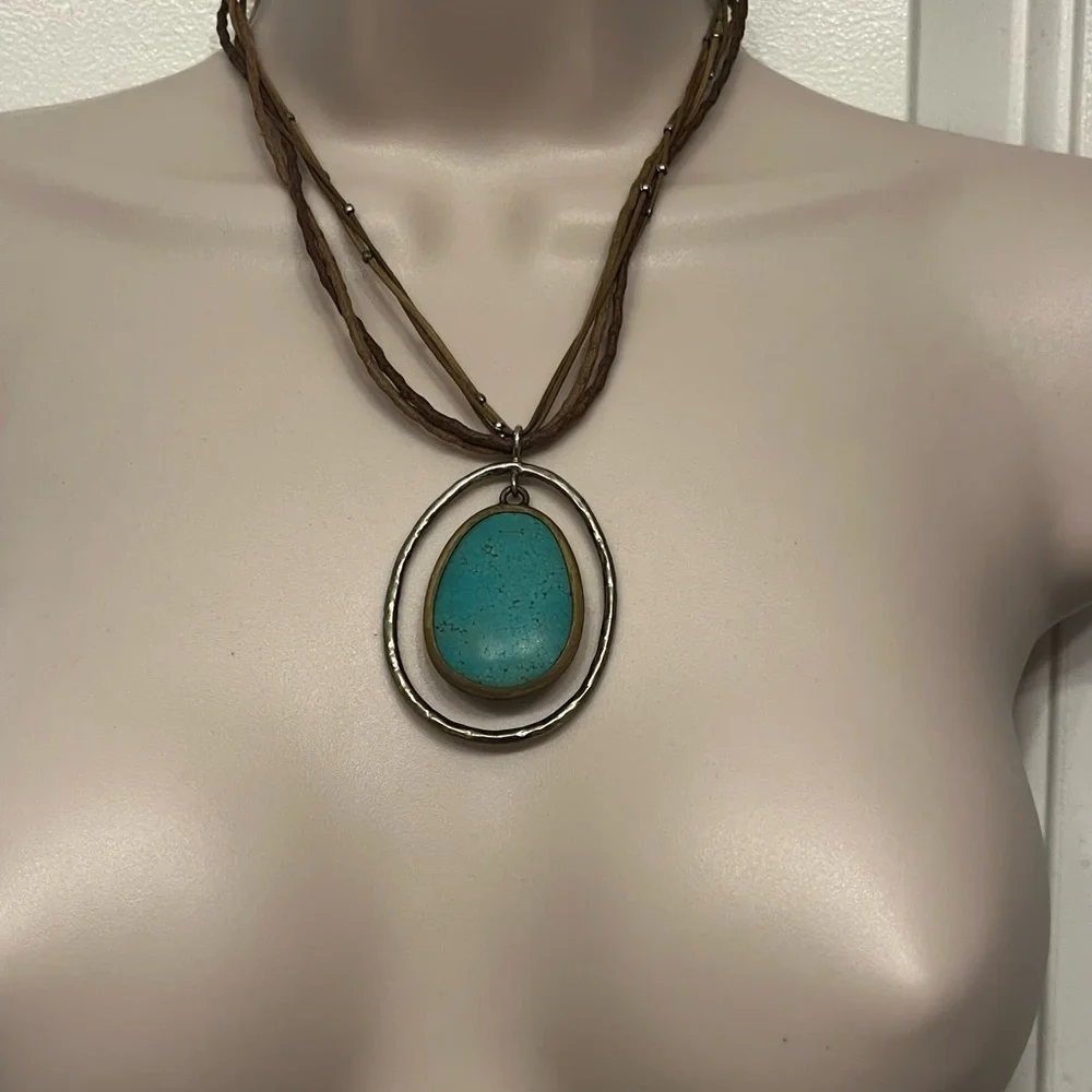Silpada Howlite Turquoise Pendant Necklace with Brown Cord .925 Silver frame. - Picture 3 of 9